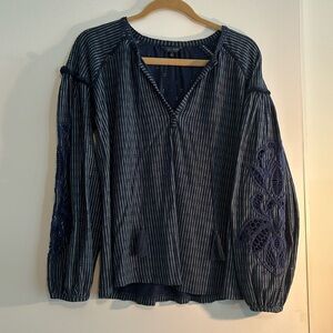 Lucky Brand striped eyelet Navy and White blouse tunic pullover